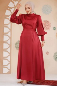 Modest Claret Red Satin Evening Dress 61651BR - 2