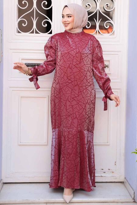 Modest Claret Red Satin Long Dress 4457BR - NEVA STYLE