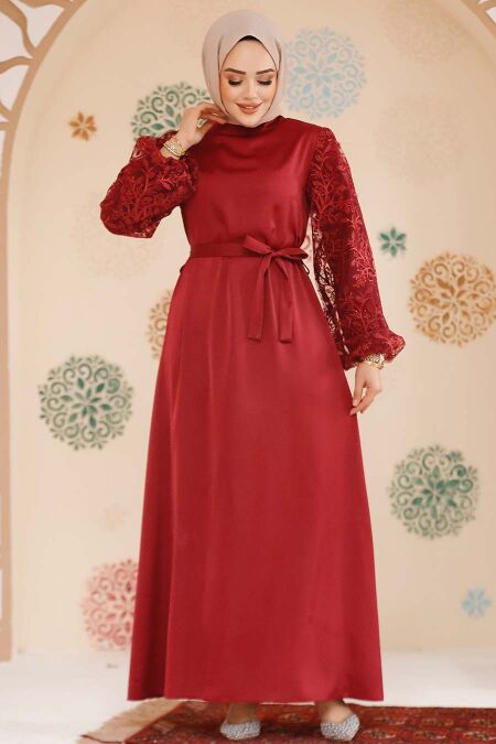 Modest Claret Red Satin Prom Gown 61512BR - NEVA STYLE