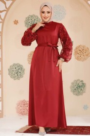 Modest Claret Red Satin Prom Gown 61512BR - 2