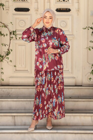 Modest Claret Red Skirted Dual Suit 13028BR - 2