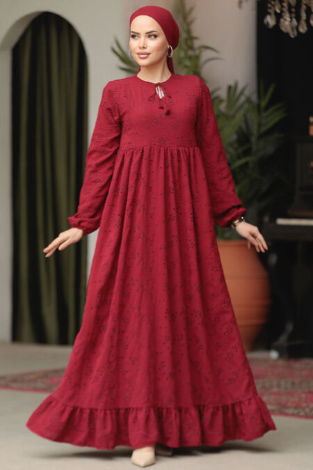 Modest Claret Red Summer Dress 23201BR - NEVA STYLE