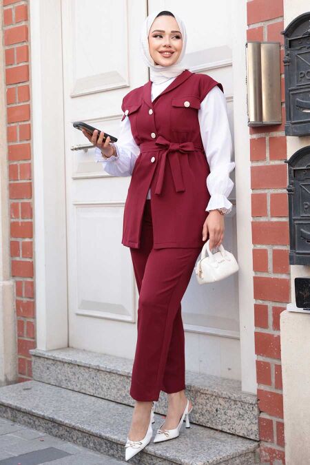 Modest Claret Red Three Suit 6169BR - NEVA STYLE