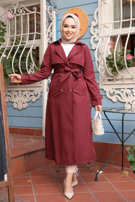 Modest Claret Red Trench Coat 6103BR - NEVA STYLE