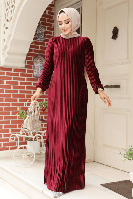 Modest Claret Red Velvet Dress 22751BR - NEVA STYLE