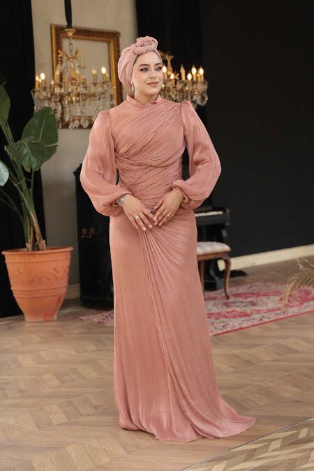 Modest Copper Evening Long Dress 50781BKR - NEVA STYLE