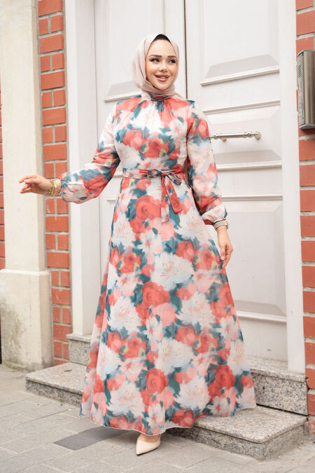 Modest Coral Floral Plus Size Dress 279917MR - NEVA STYLE