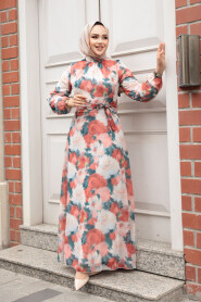 Modest Coral Floral Plus Size Dress 279917MR - 2