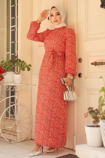 Modest Coral Long Floral Dress 6108MR - NEVA STYLE