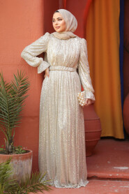 Modest Cream Evening Gown With Long Sleeve 44961KR - 1