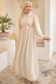 Modest Cream Hijab Dress 14121KR - Thumbnail
