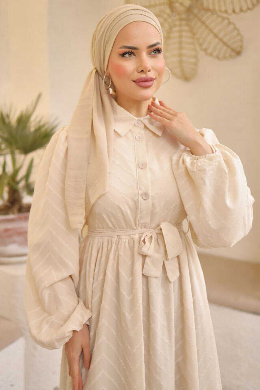 Modest Cream Hijab Dress 14121KR