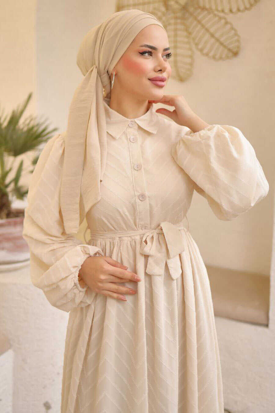 Modest Cream Hijab Dress 14121KR