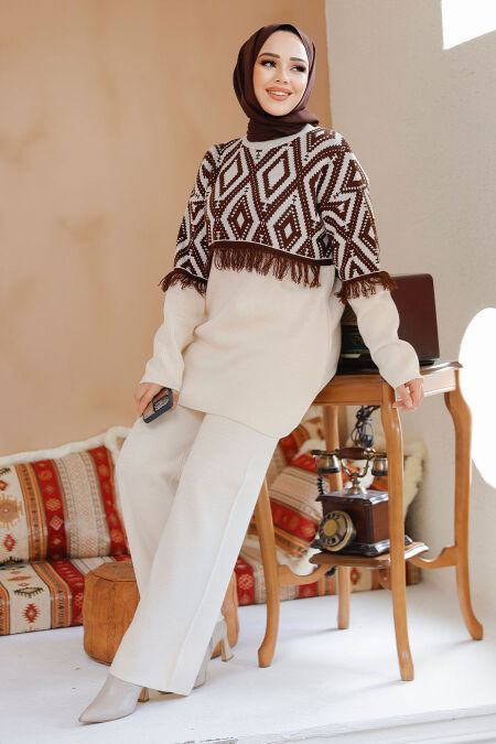 Modest Cream Knitwear Dual Suit 15021KR - NEVA STYLE