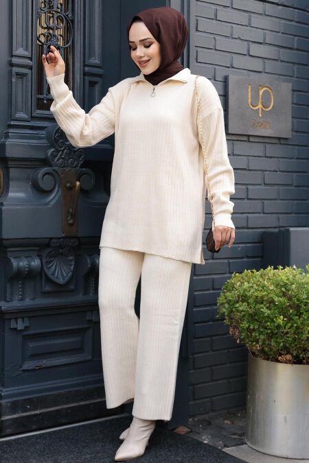 Modest Cream Knitwear Dual Suit 60381KR - NEVA STYLE
