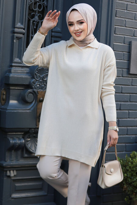 Modest Cream Knitwear Tunic 65903KR - NEVA STYLE