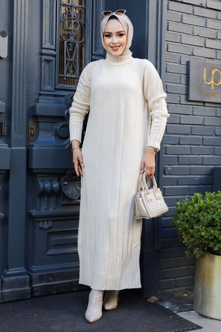 Modest Cream Long Knitwear Dress 31230KR - NEVA STYLE