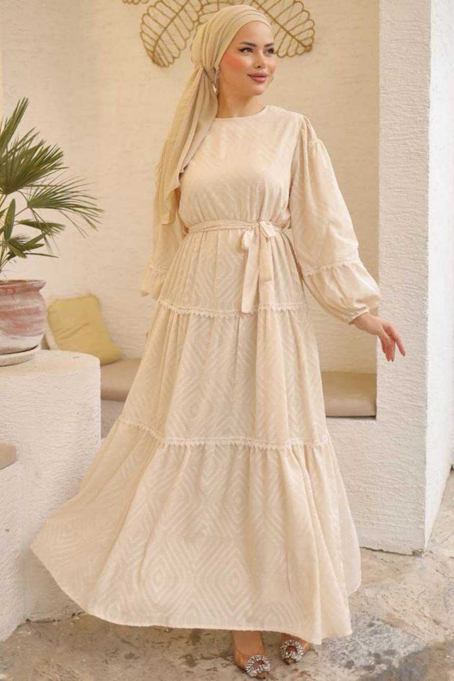 Modest Cream Long Sleeve Dress 14131KR