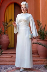 Modest Cream Satin Engagement Dress 61592KR - 4