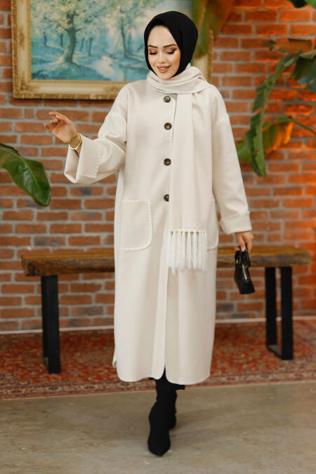 Modest Cream Stamp Coat 7221KR - NEVA STYLE