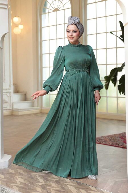 Modest Dark Almond Green Evening Gown 52751KCY - NEVA STYLE