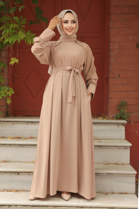 Modest Dark Beige Abaya Dress 330104KBEJ - NEVA STYLE