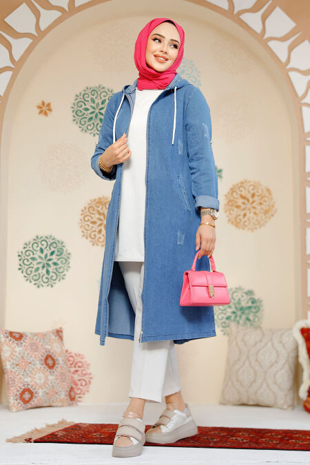  Modest Dark Blue Denim Coat 19127KM - NEVA STYLE