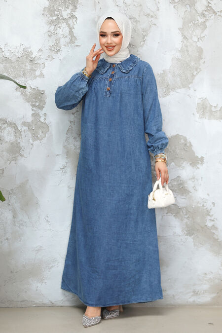 Modest Dark Blue Denim Dress 19101KM - NEVA STYLE