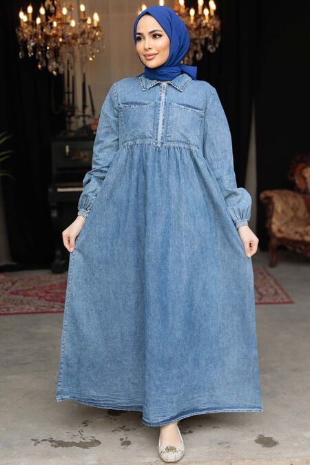 Modest Dark Blue Denim Dress 19105KM - NEVA STYLE