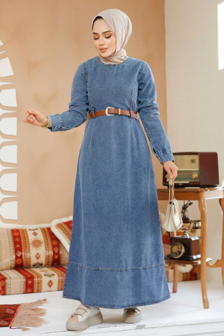 Modest Dark Blue Denim Dress 19130KM - NEVA STYLE