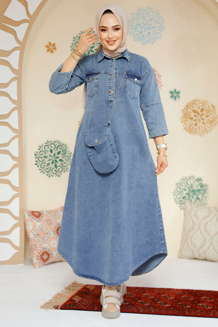 Modest Dark Blue Denim Dress 19132KM - NEVA STYLE