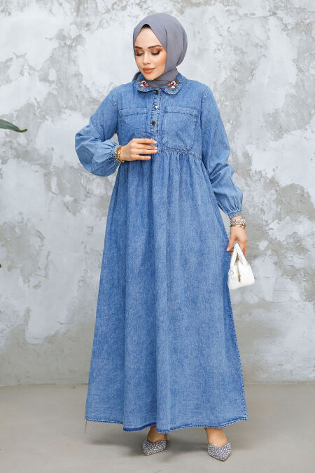Modest Dark Blue Denim Dress 19138KM - NEVA STYLE