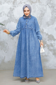 Modest Dark Blue Denim Dress 19138KM - 2