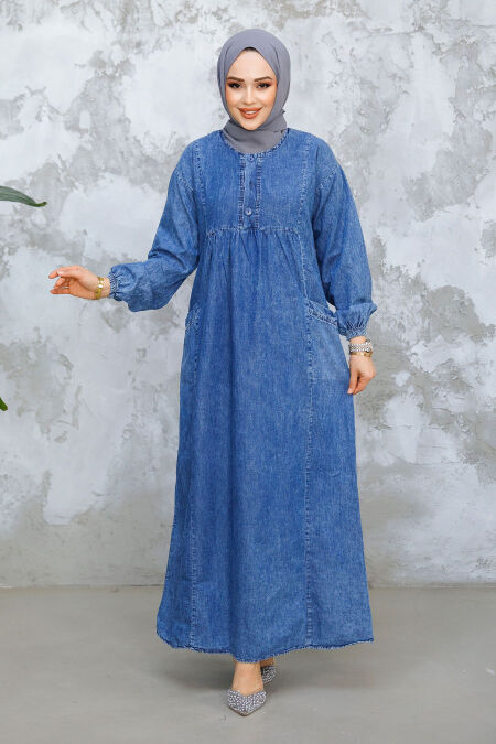 Modest Dark Blue Denim Dress 19139KM - NEVA STYLE