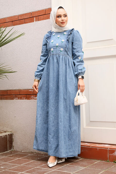 Modest Dark Blue Denim Dress 19145KM - NEVA STYLE