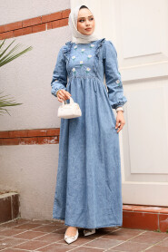 Modest Dark Blue Denim Dress 19145KM - 2