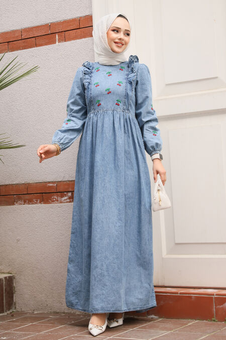 Modest Dark Blue Denim Dress 19146KM - NEVA STYLE