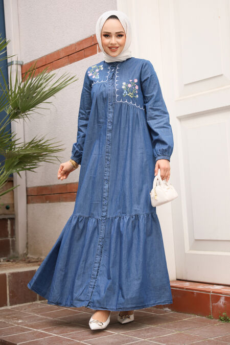 Modest Dark Blue Denim Dress 19147KM - NEVA STYLE