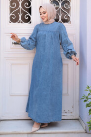 Modest Dark Blue Denim Dress 19148KM 