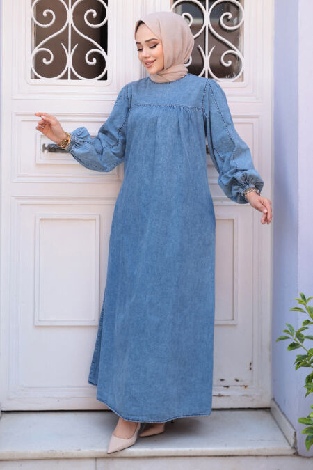 Modest Dark Blue Denim Dress 19148KM - NEVA STYLE