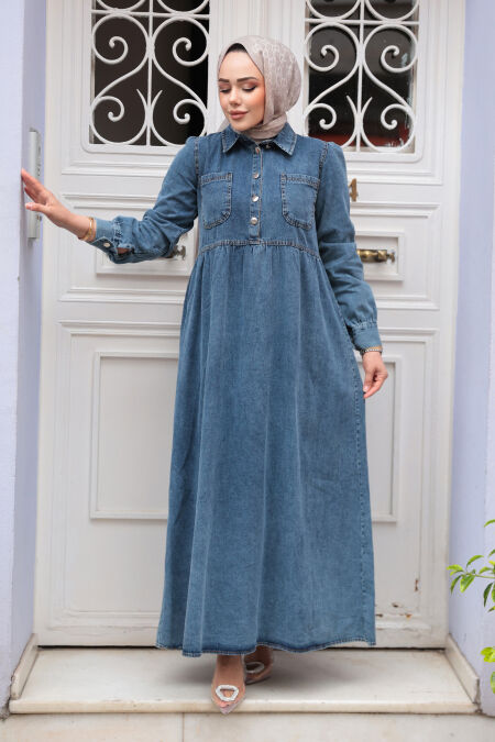 Modest Dark Blue Denim Dress 19150KM - NEVA STYLE