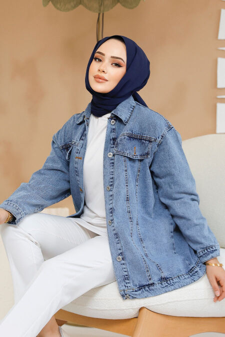 Modest Dark Blue Denim Jacket 11003KM - NEVA STYLE