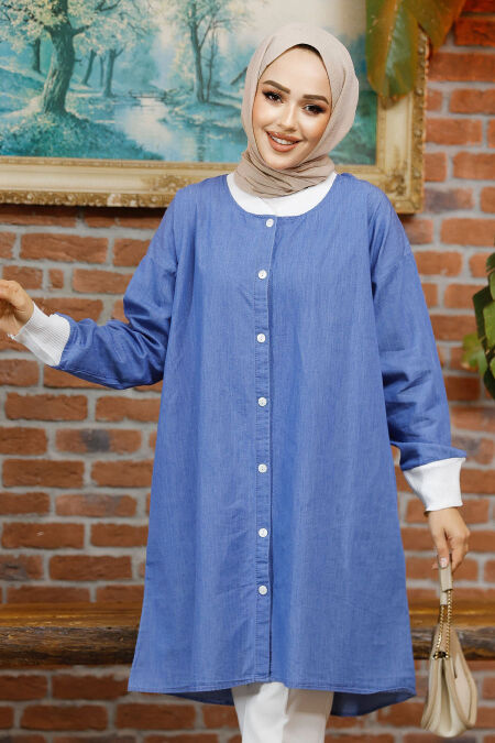 Modest Dark Blue Denim Shirt 70112KM - NEVA STYLE