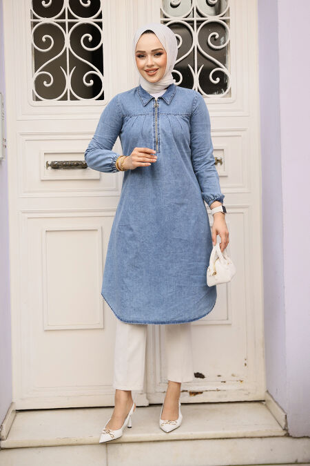 Modest Dark Blue Denim Top 4673KM - NEVA STYLE