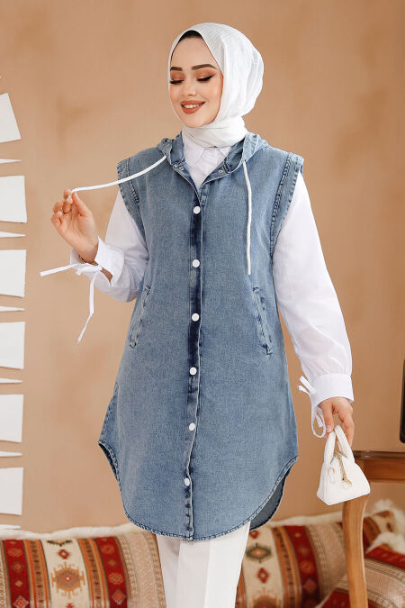 Modest Dark Blue Denim Vest 19133KM - NEVA STYLE
