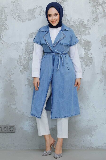Modest Dark Blue Denim Vest 6572KM - NEVA STYLE