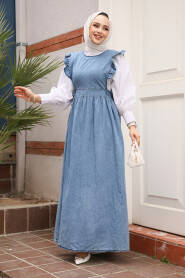 Modest Dark Blue Gilet Denim Dress 7054KM 