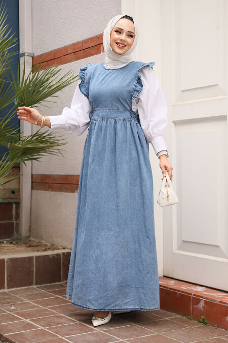 Modest Dark Blue Gilet Denim Dress 7054KM - NEVA STYLE
