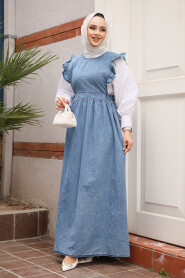 Modest Dark Blue Gilet Denim Dress 7054KM - 2