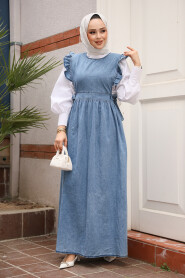 Modest Dark Blue Gilet Denim Dress 7054KM - 3